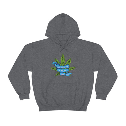 A Cannabis Saved My Life Cannabis Hoodie with a marijuana leaf on it.