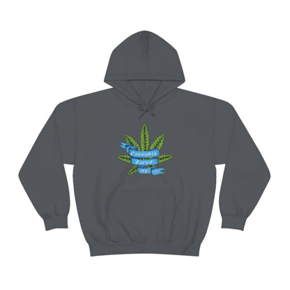 a gray Cannabis Saved My Life Cannabis Hoodie with a marijuana leaf on it.