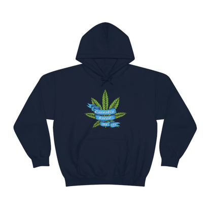 A Cannabis Saved My Life Cannabis Hoodie with a marijuana leaf on it.