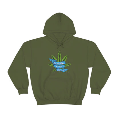 A green Cannabis Saved My Life Cannabis Hoodie with a marijuana leaf on it.