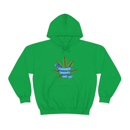 a green Cannabis Saved My Life Cannabis Hoodie with a marijuana leaf on it.