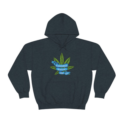 a Cannabis Saved My Life Cannabis Hoodie with a marijuana leaf on it.