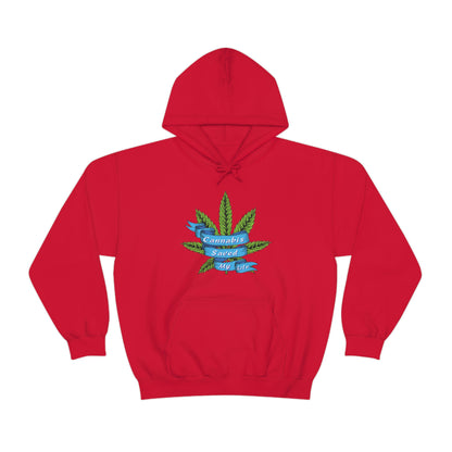 a red Cannabis Saved My Life Cannabis Hoodie with a marijuana leaf on it.