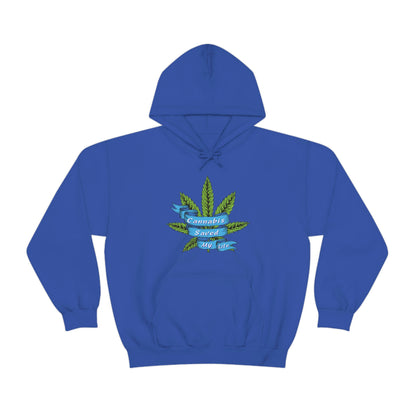 a blue Cannabis Saved My Life Cannabis Hoodie with a marijuana leaf on it.