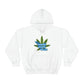 a white Cannabis Saved My Life Cannabis Hoodie with a marijuana leaf on it.