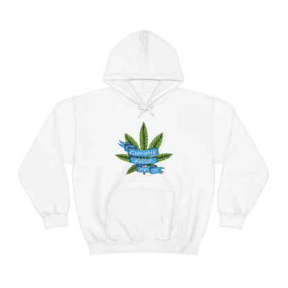 a white Cannabis Saved My Life Cannabis Hoodie with a marijuana leaf on it.