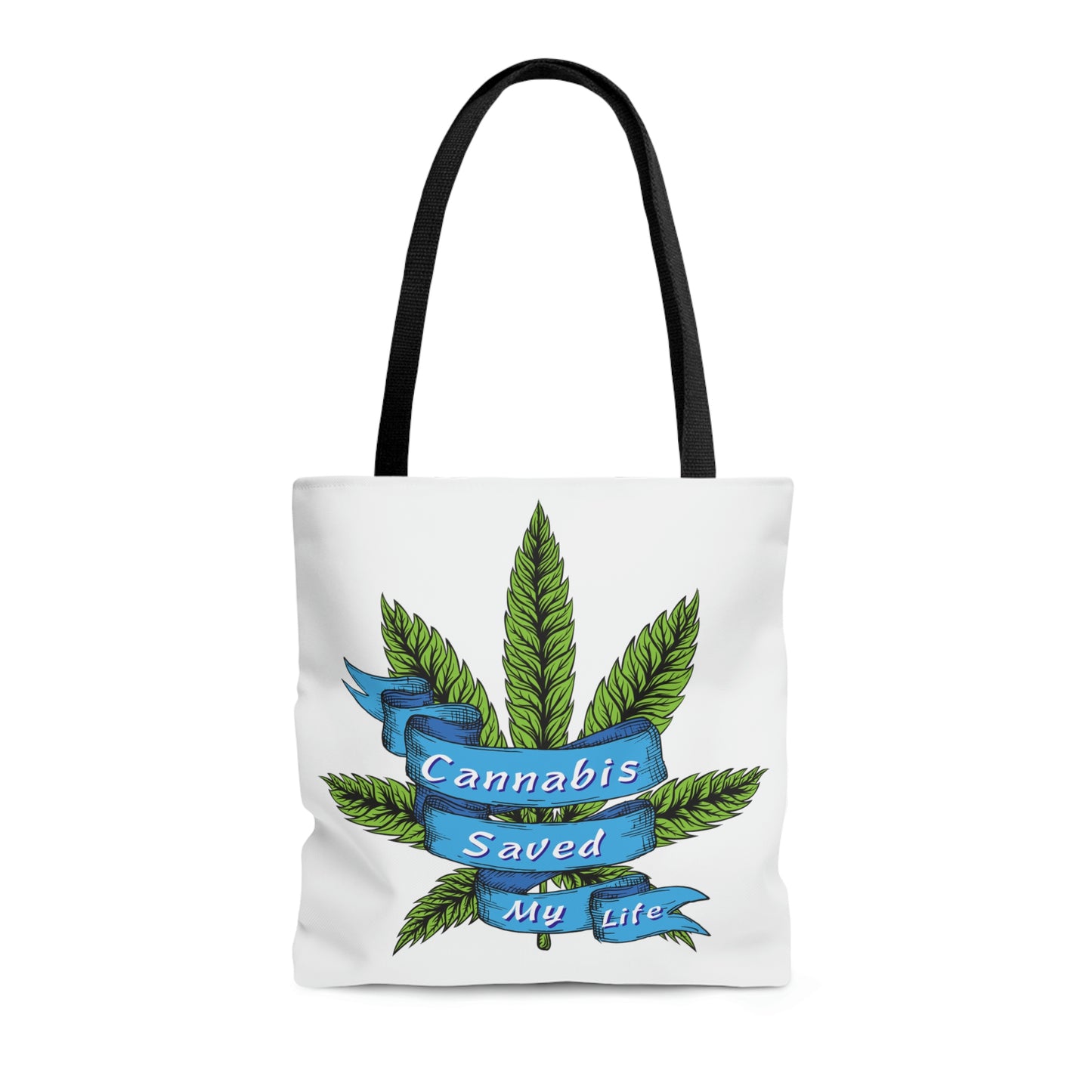 A beautiful white tote bag that has an intricate design of a cannabis leaf with the words  Cannabis Saved My Life On the Cannabis Saved my Life Tote Bag