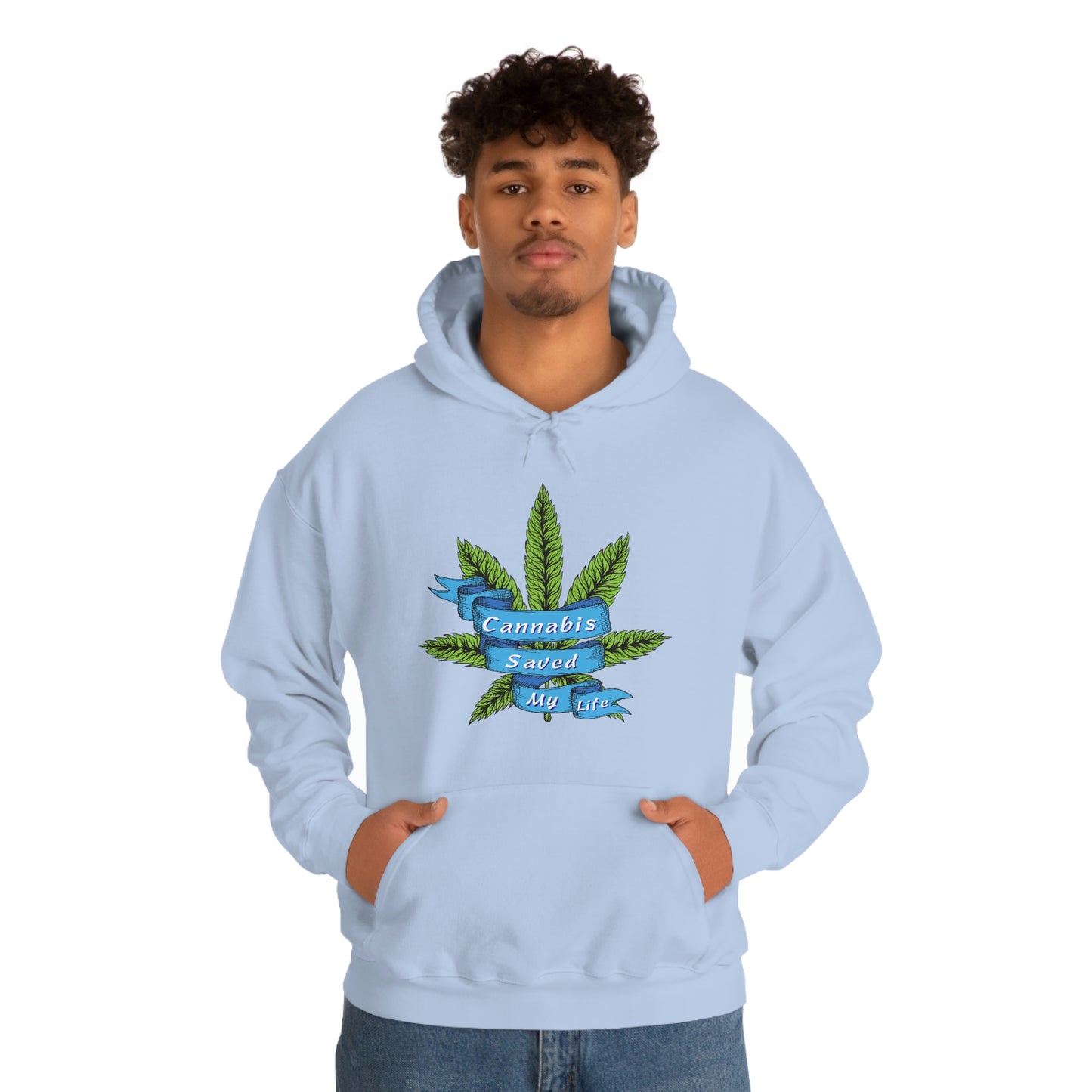 a man wearing a blue Cannabis Saved My Life Cannabis Hoodie with a marijuana leaf on it.
