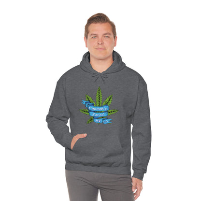 A man wearing a Gray Cannabis Saved My Life Cannabis Hoodie with a marijuana leaf on it.