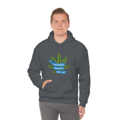 a man wearing a gray Cannabis Saved My Life Cannabis Hoodie with a marijuana leaf on it.