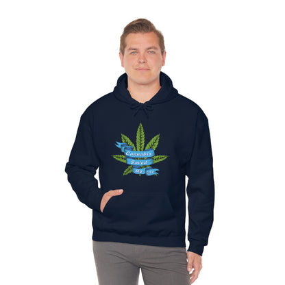 A man wearing a Cannabis Saved My Life Cannabis Hoodie with a marijuana leaf on it.