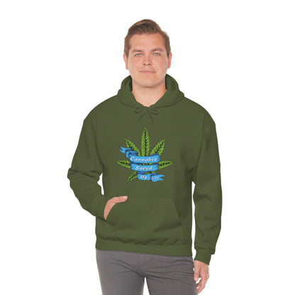 a man wearing a green Cannabis Saved My Life Cannabis Hoodie with a marijuana leaf on it.