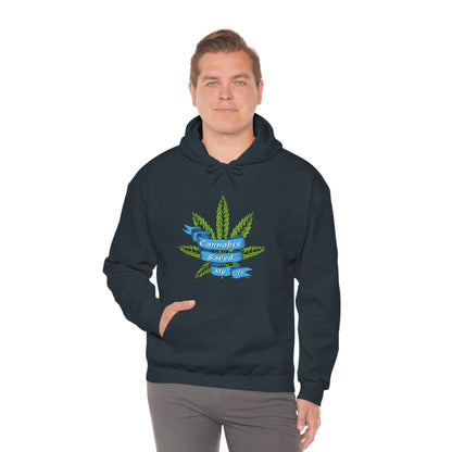 a man wearing a Cannabis Saved My Life Cannabis Hoodie.