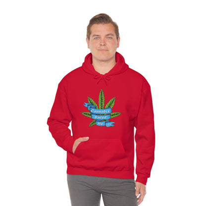 a man wearing a red Cannabis Saved My Life Cannabis Hoodie.