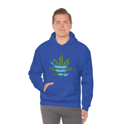 a man wearing a blue Cannabis Saved My Life Cannabis Hoodie.