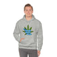 a man wearing a grey Cannabis Saved My Life Cannabis Hoodie with a marijuana leaf on it.