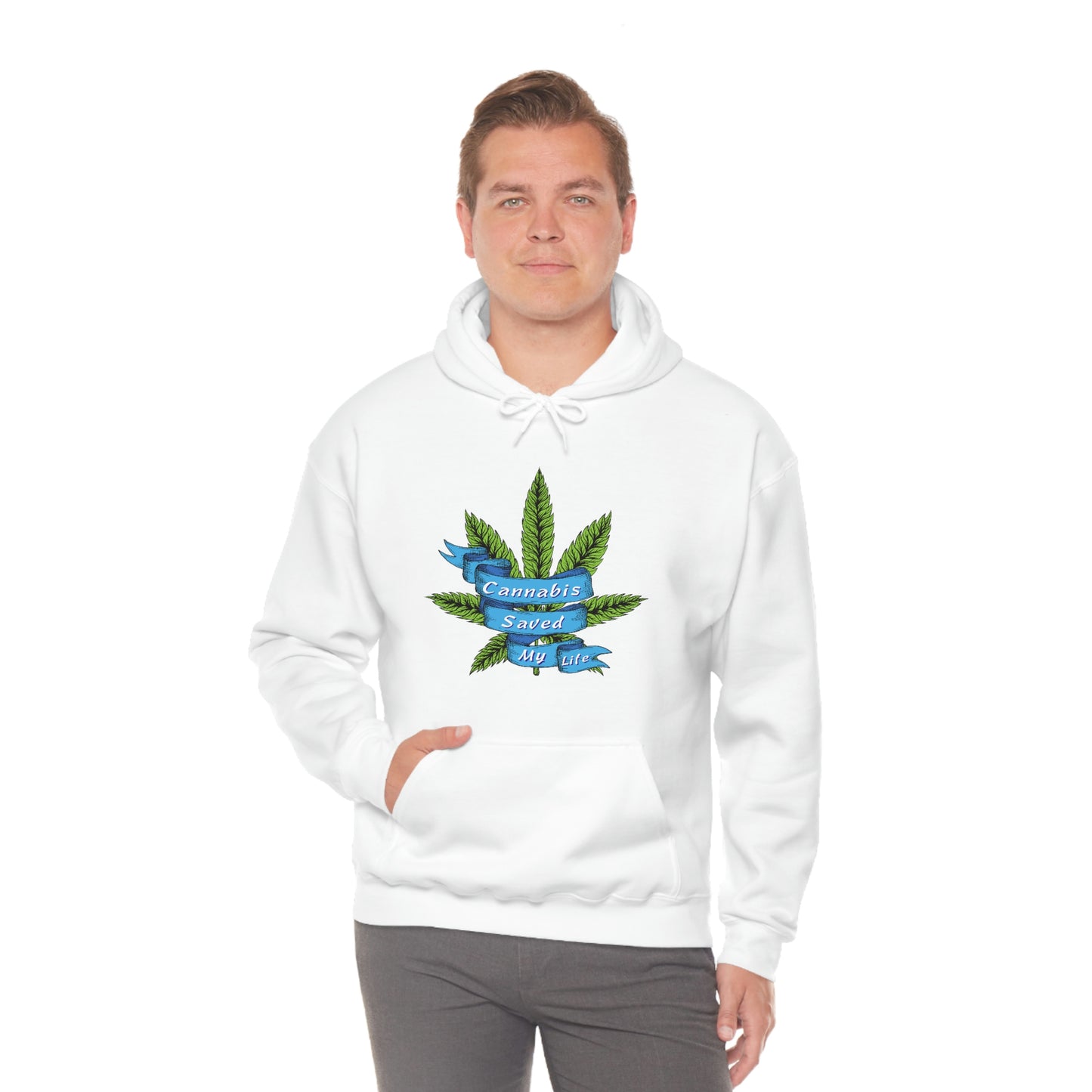 a man wearing a white hoodie with a Cannabis Saved My Life cannabis leaf on it.