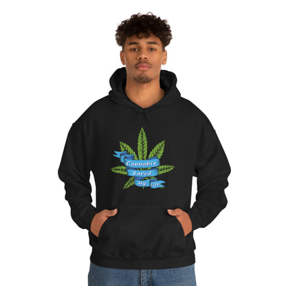 a man wearing a black Cannabis Saved My Life Cannabis Hoodie.