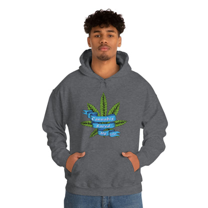 a man wearing a gray Cannabis Saved My Life Cannabis Hoodie with a marijuana leaf on it.