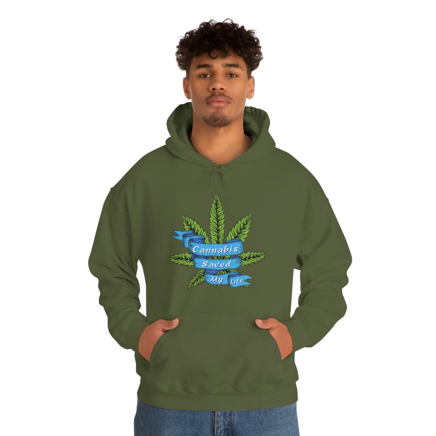 a man wearing a green "Cannabis Saved My Life Cannabis Hoodie" with a marijuana leaf on it.