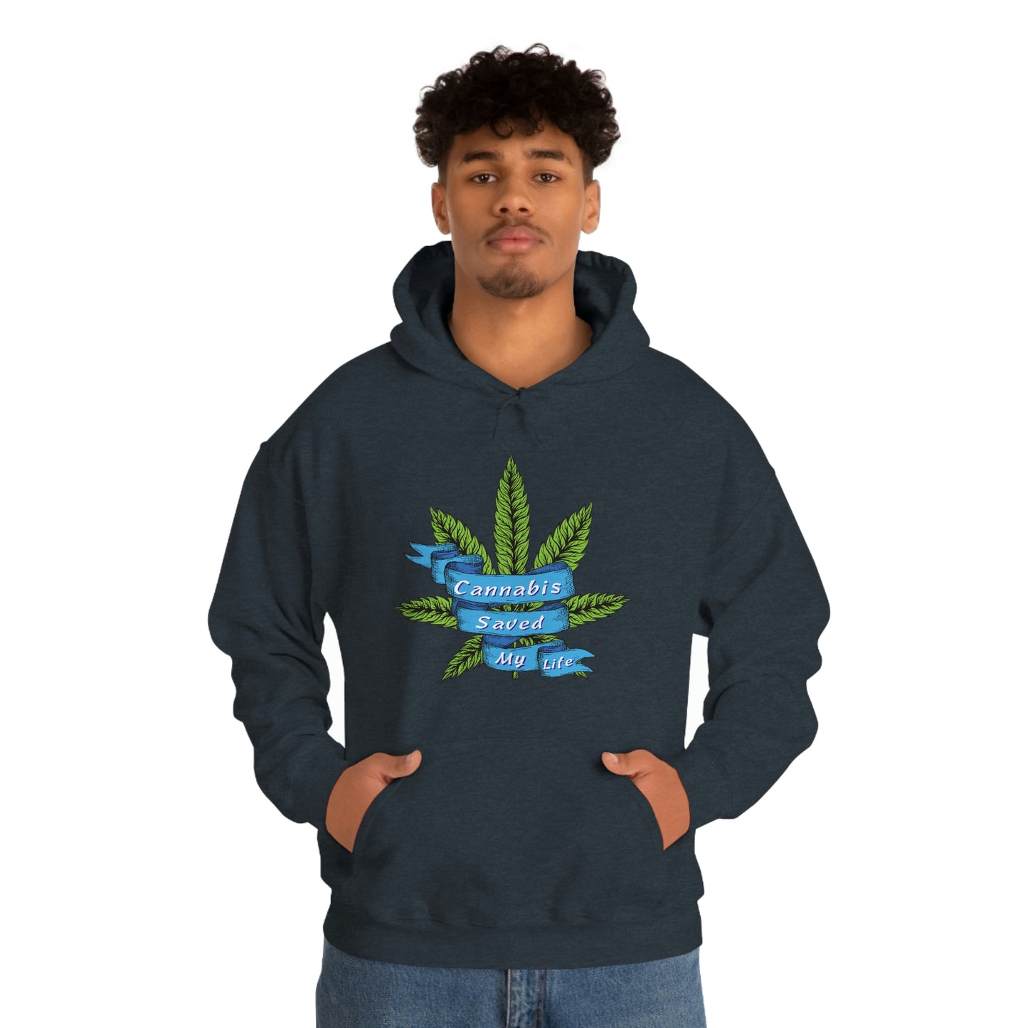 a man wearing a Cannabis Saved My Life Cannabis Hoodie with a marijuana leaf on it.