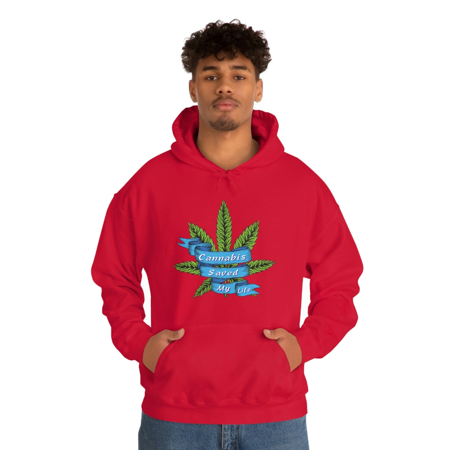 a man wearing a red Cannabis Saved My Life Cannabis Hoodie with a marijuana leaf on it.