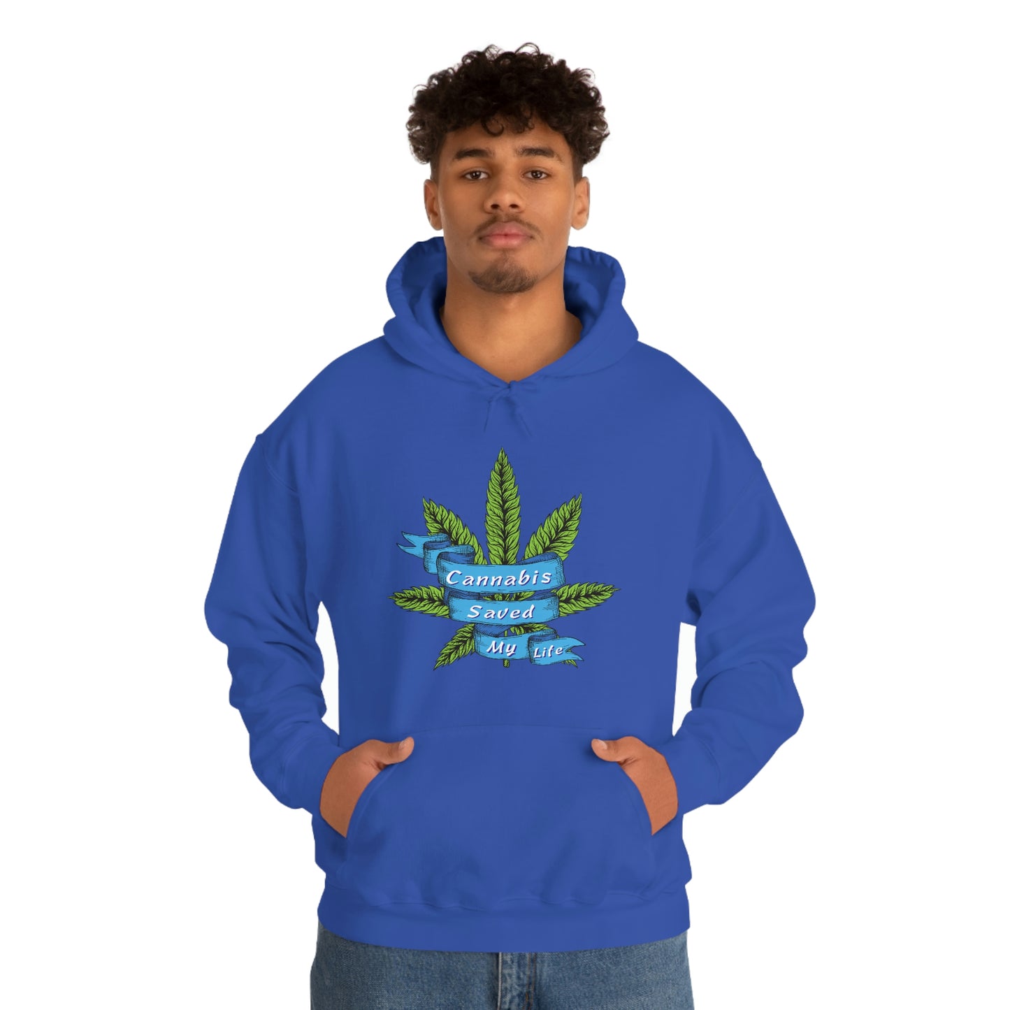 a man wearing a blue hoodie with a Cannabis Saved My Life Cannabis Hoodie on it.