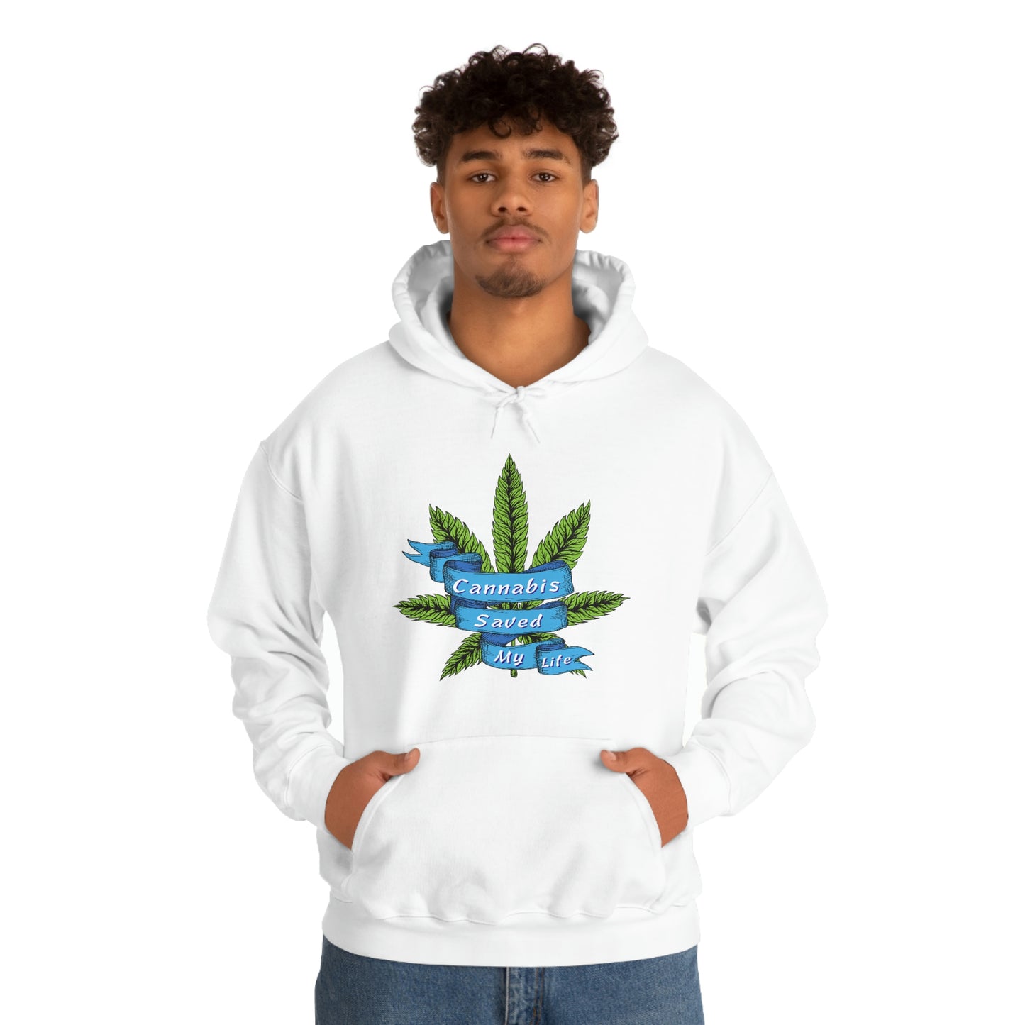 a man wearing a white "Cannabis Saved My Life Cannabis Hoodie" with a marijuana leaf on it.