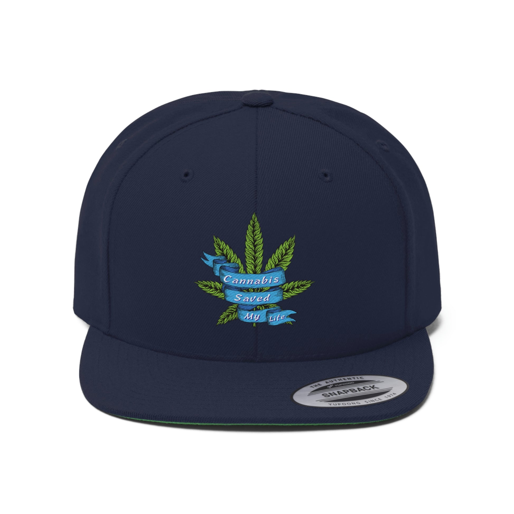 Still image of the Cannabis Saved My Life Snapback Hat in navy blue with green cannabis eaf