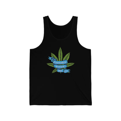 a black Cannabis Saved My Life Jersey Tank Top with a marijuana leaf on it.