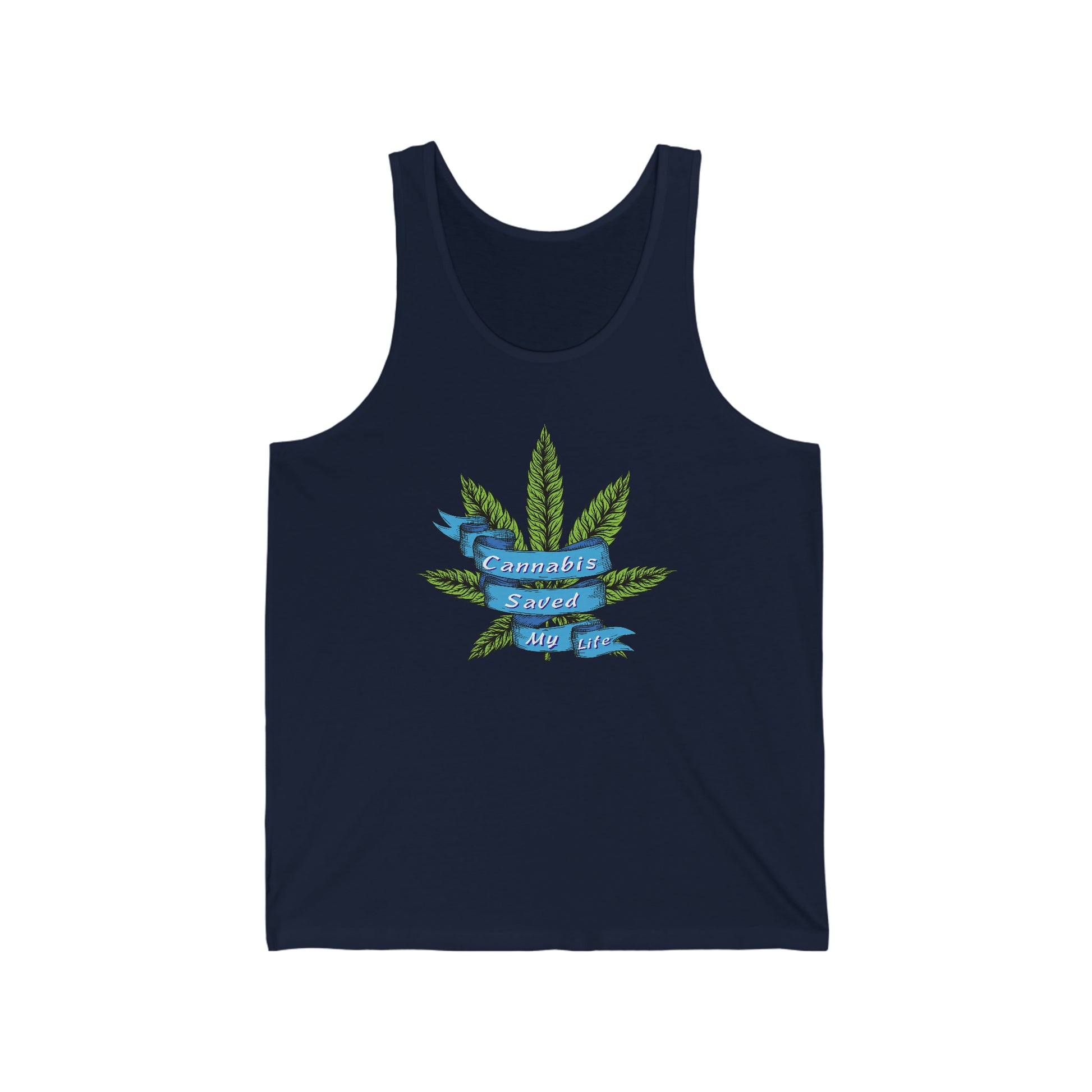 a navy tank top with a Cannabis Saved My Life Jersey Tank Top on it.