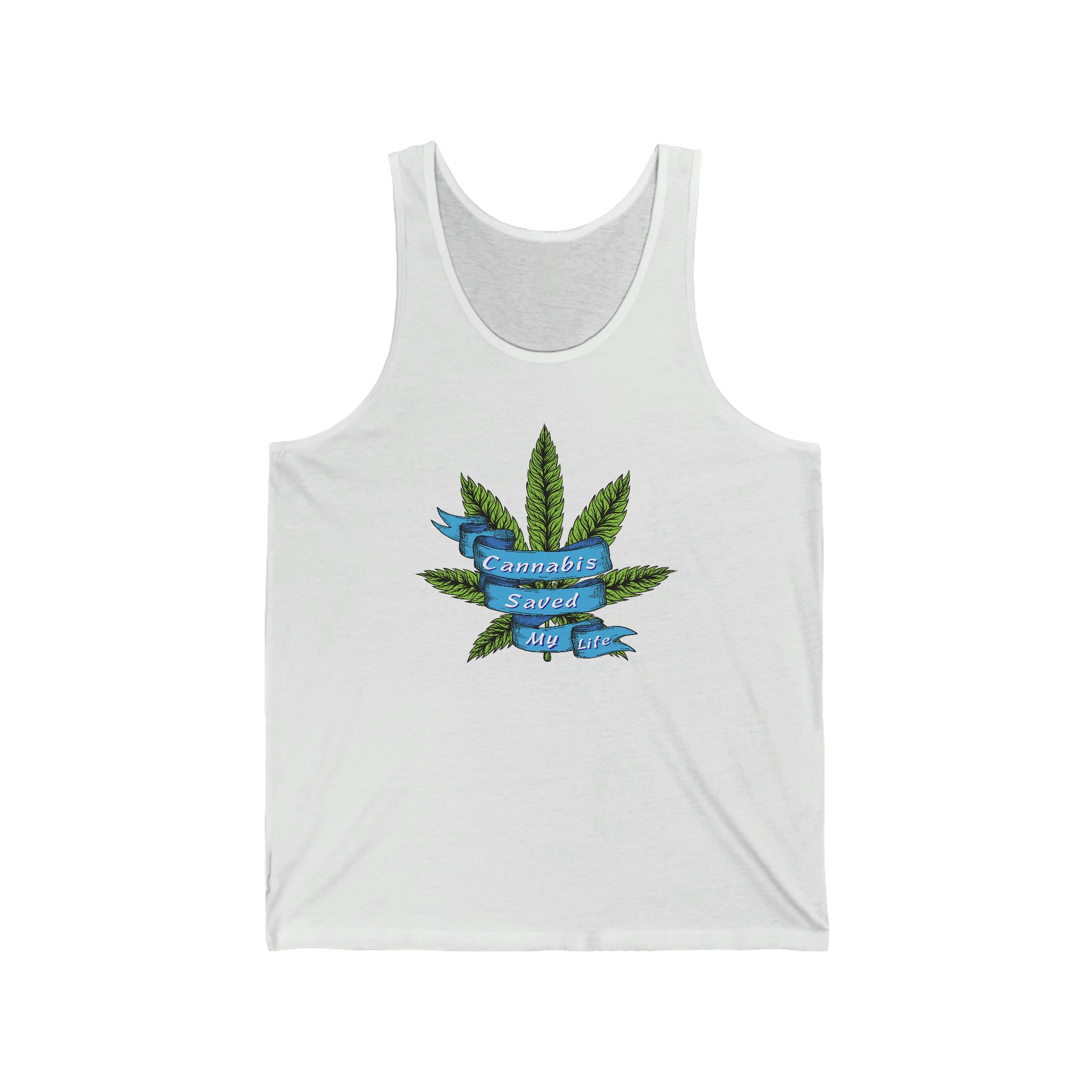 a white Cannabis Saved My Life Jersey Tank Top with a marijuana leaf on it.