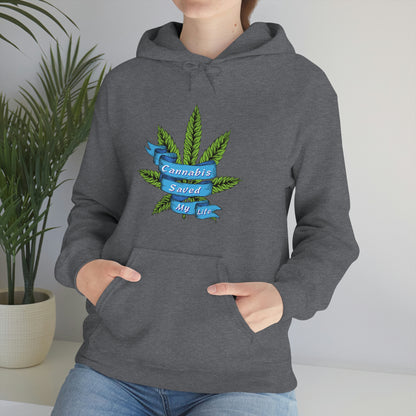 a woman wearing a gray Cannabis Saved My Life Cannabis Hoodie with a marijuana leaf on it.