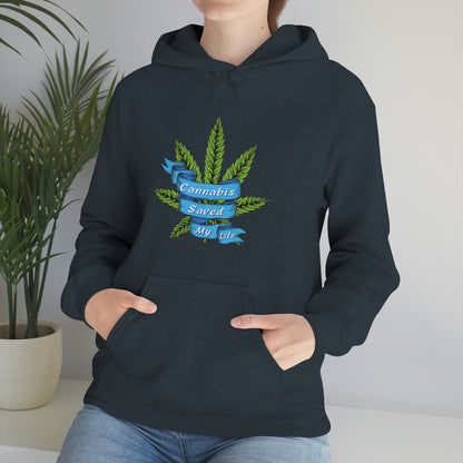 a woman wearing a Cannabis Saved My Life Cannabis Hoodie.