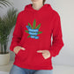 a woman wearing a red Cannabis Saved My Life Cannabis Hoodie with a marijuana leaf on it.