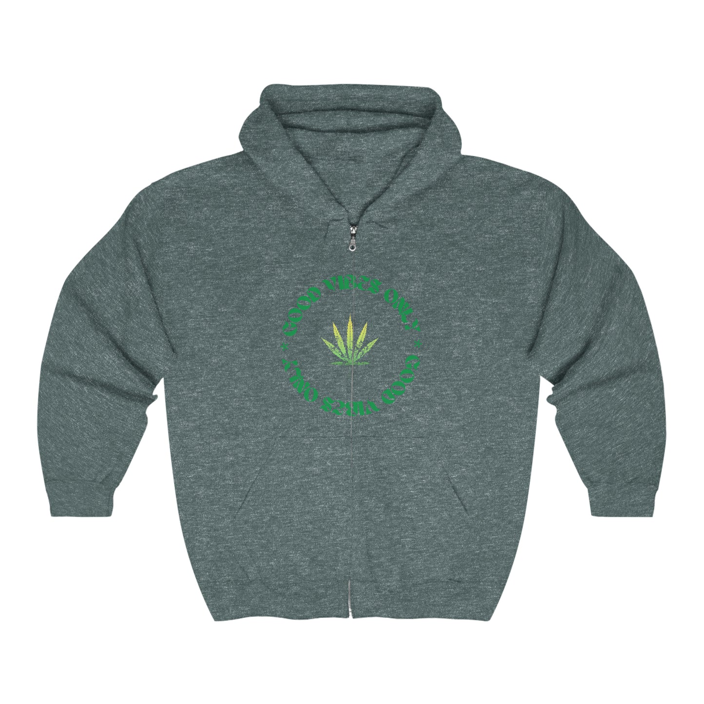 A Good Vibes Only Full Zip cannabis Hoodie with a green marijuana leaf on it.