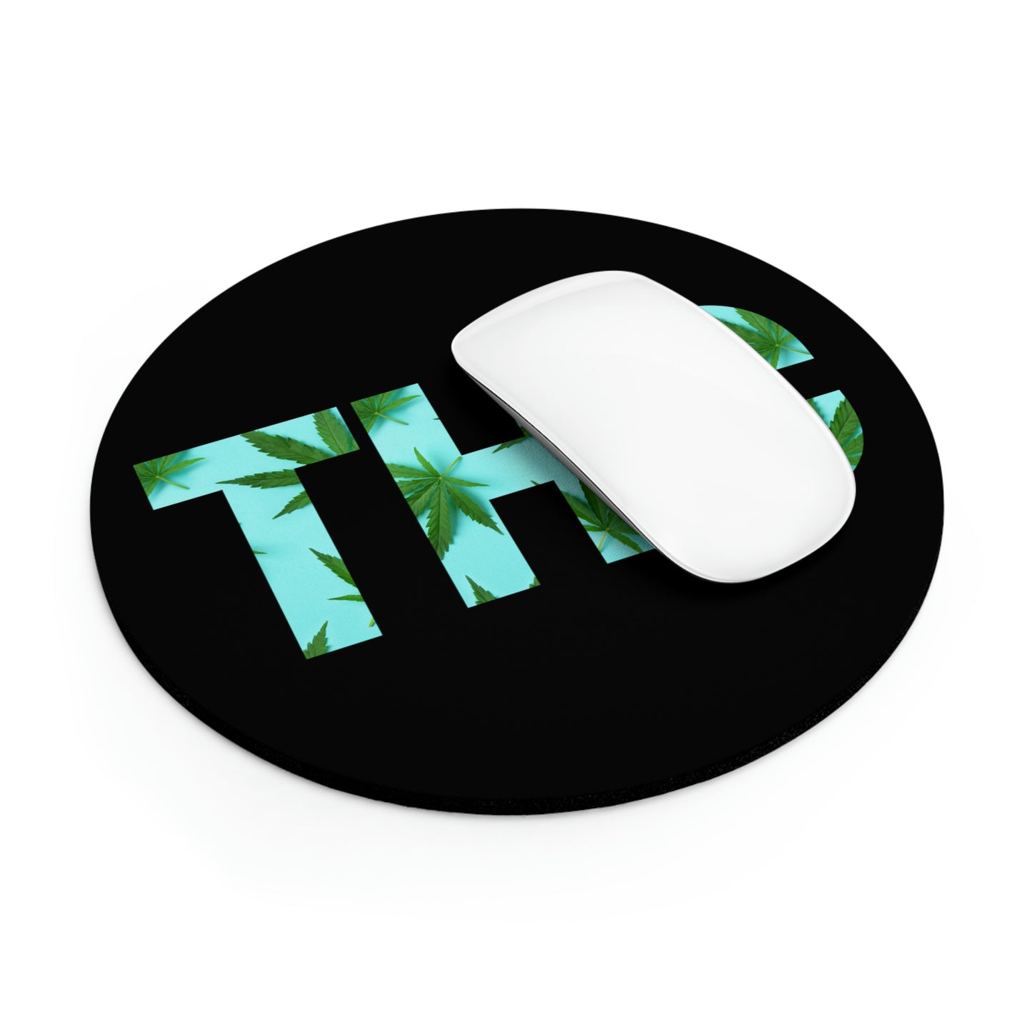 a Turquoise THC Mouse Pad with marijuana leaves on it.