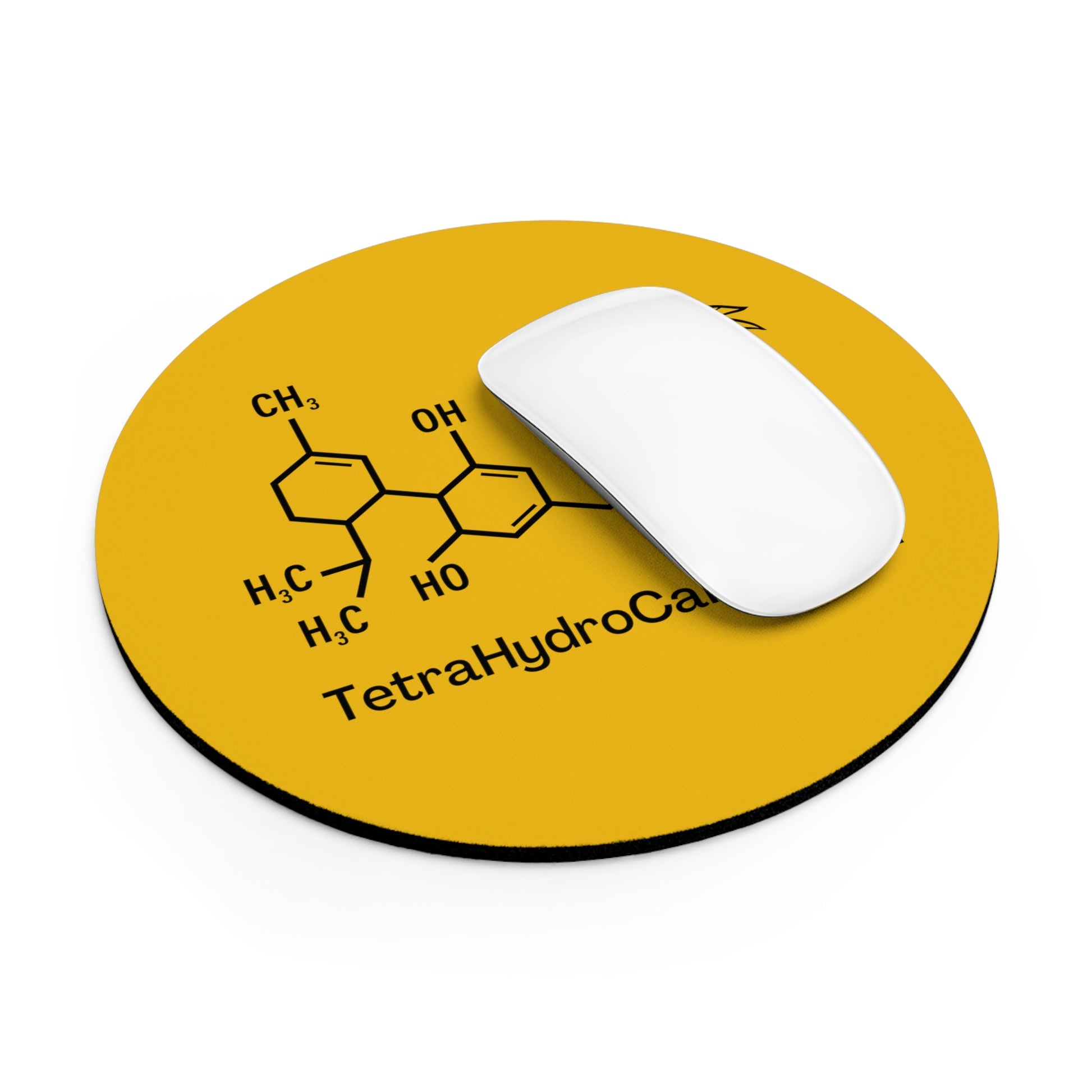 a yellow Tetrahydrocannabinol (THC) mouse pad with the word terahyrocol on it.