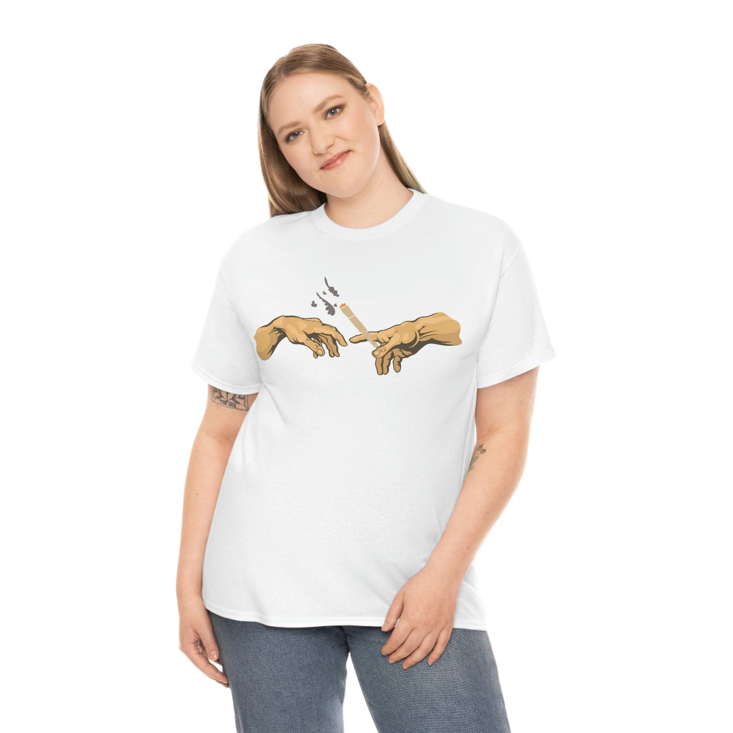 a woman wearing a white Michelangelo Smoking Joint Tee with an image of the creation of adam.