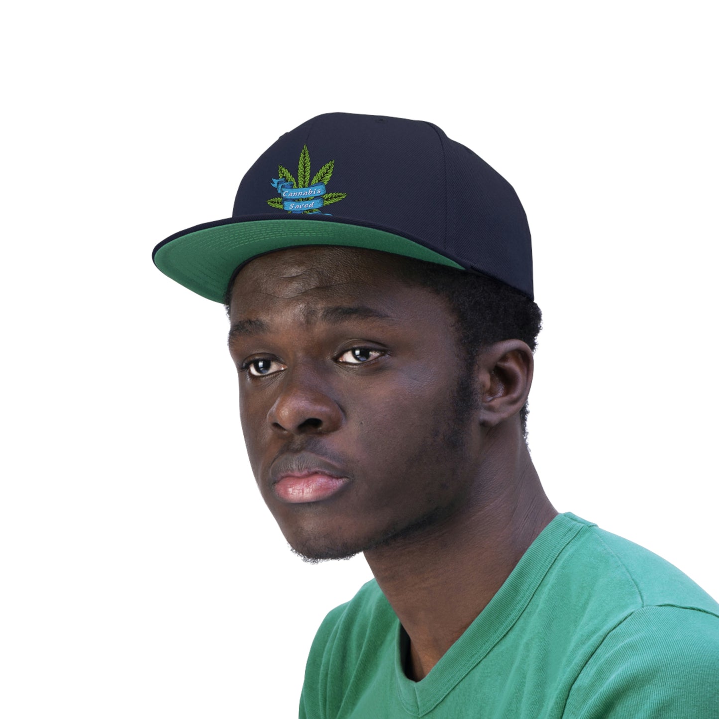 photo of a young man wearing a navy blue Cannabis Saved My Life Snapback Hat  with green underbill and weed leaf