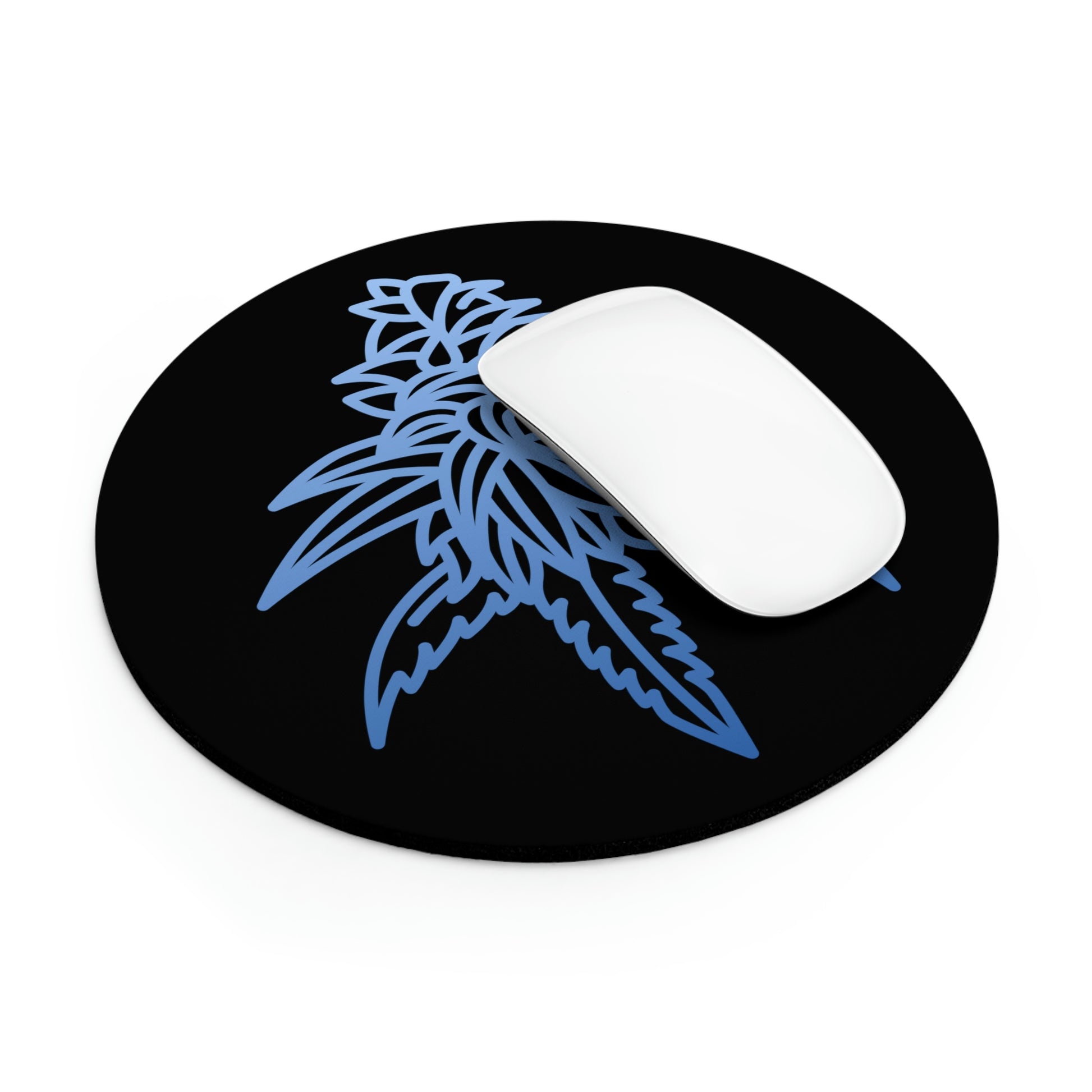 a black Blue Dream Cannabis mouse pad with a blue marijuana leaf design.