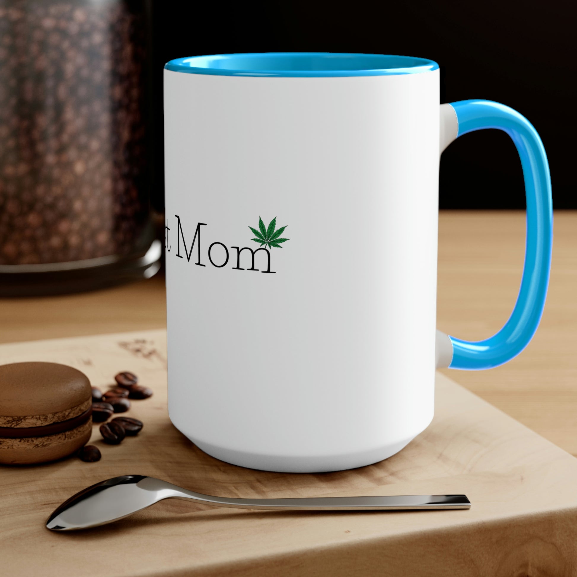 a Dopest Mom Pot Leaf Coffee Mug with the word 'cannabis mom' on it.
