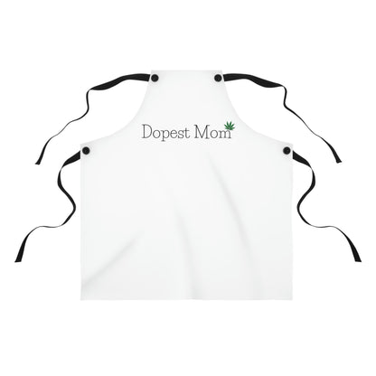 a white Dopest Mom Pot Leaf Chef's Apron with the word dost mom on it.