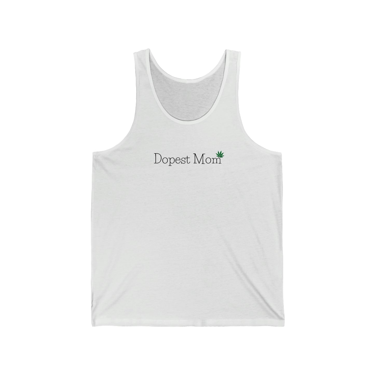 a white Dopest Mom Jersey Tank Top with the word dopest mom on it.