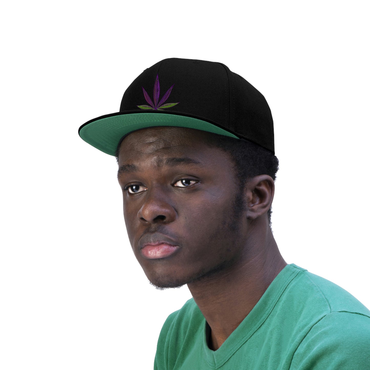 A young man wears an all black Purple Weed Leaf Snapback Hat