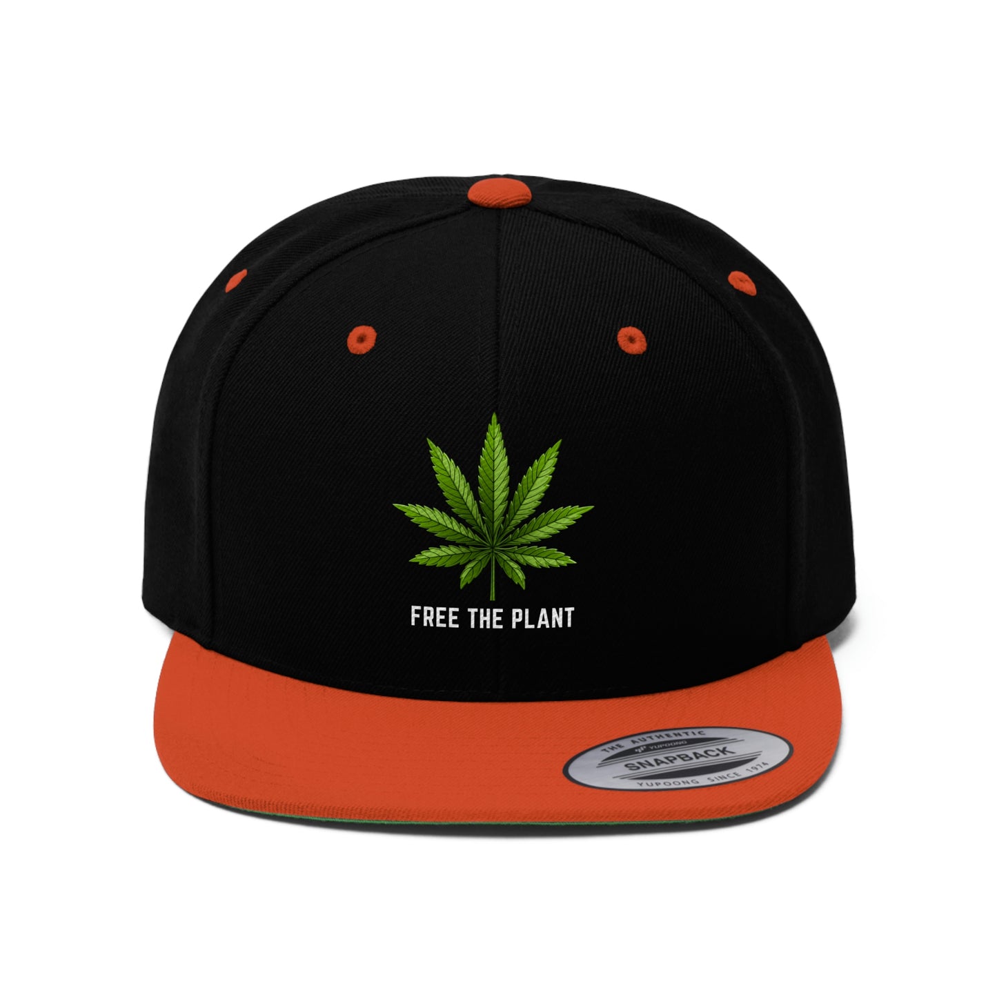 Picture of the orange and black Free The Plant Marijuana Snapback Hat with weed leaf