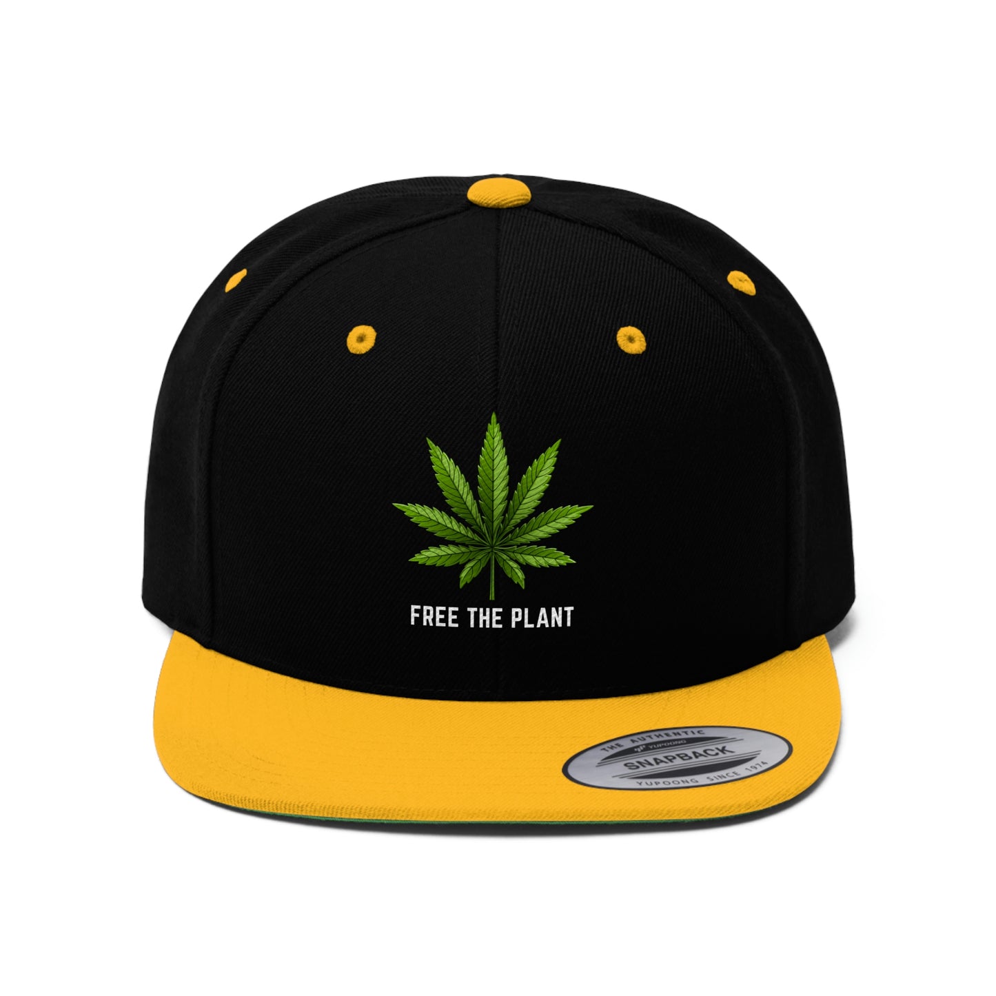 photo of the black and gold Free The Plant Marijuana Snapback Hat with pot leaf