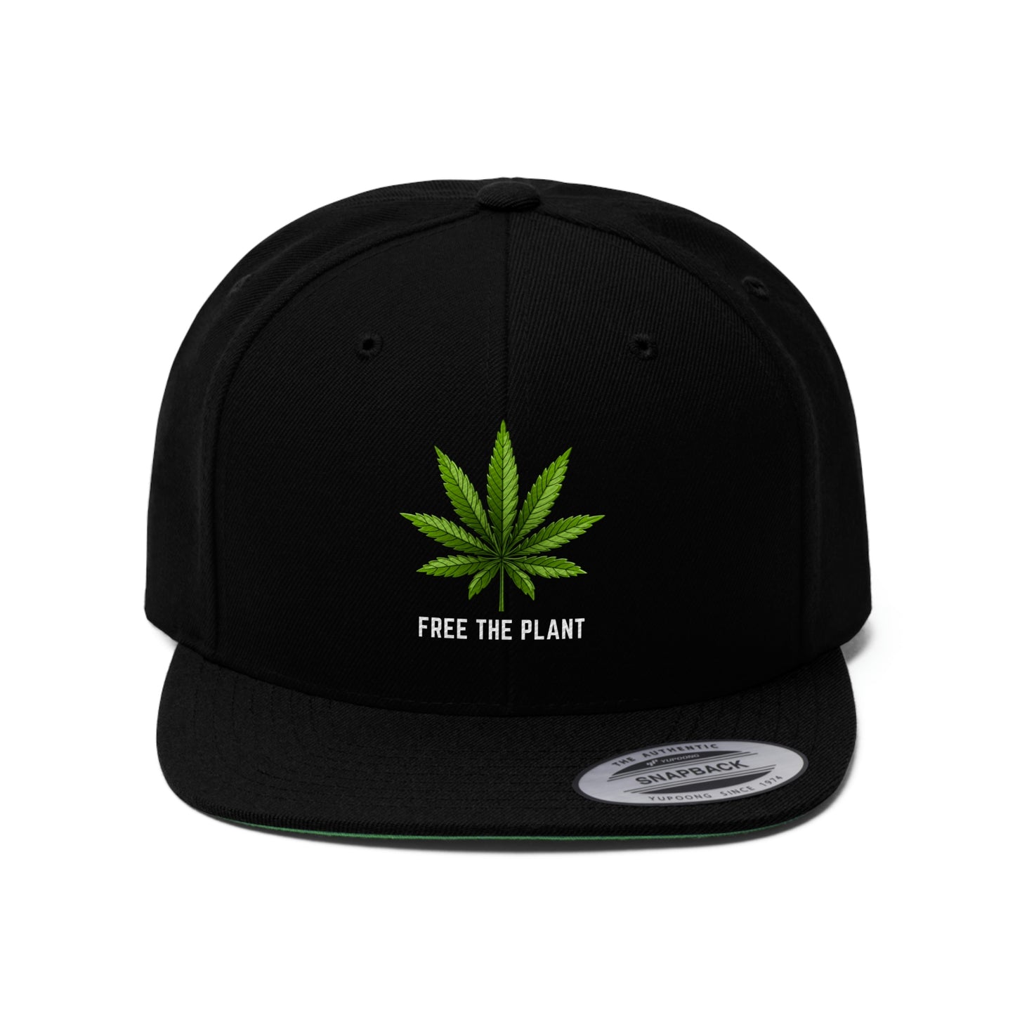Close up of the all black Free The Plant Marijuana Snapback Hat with green weed leaf