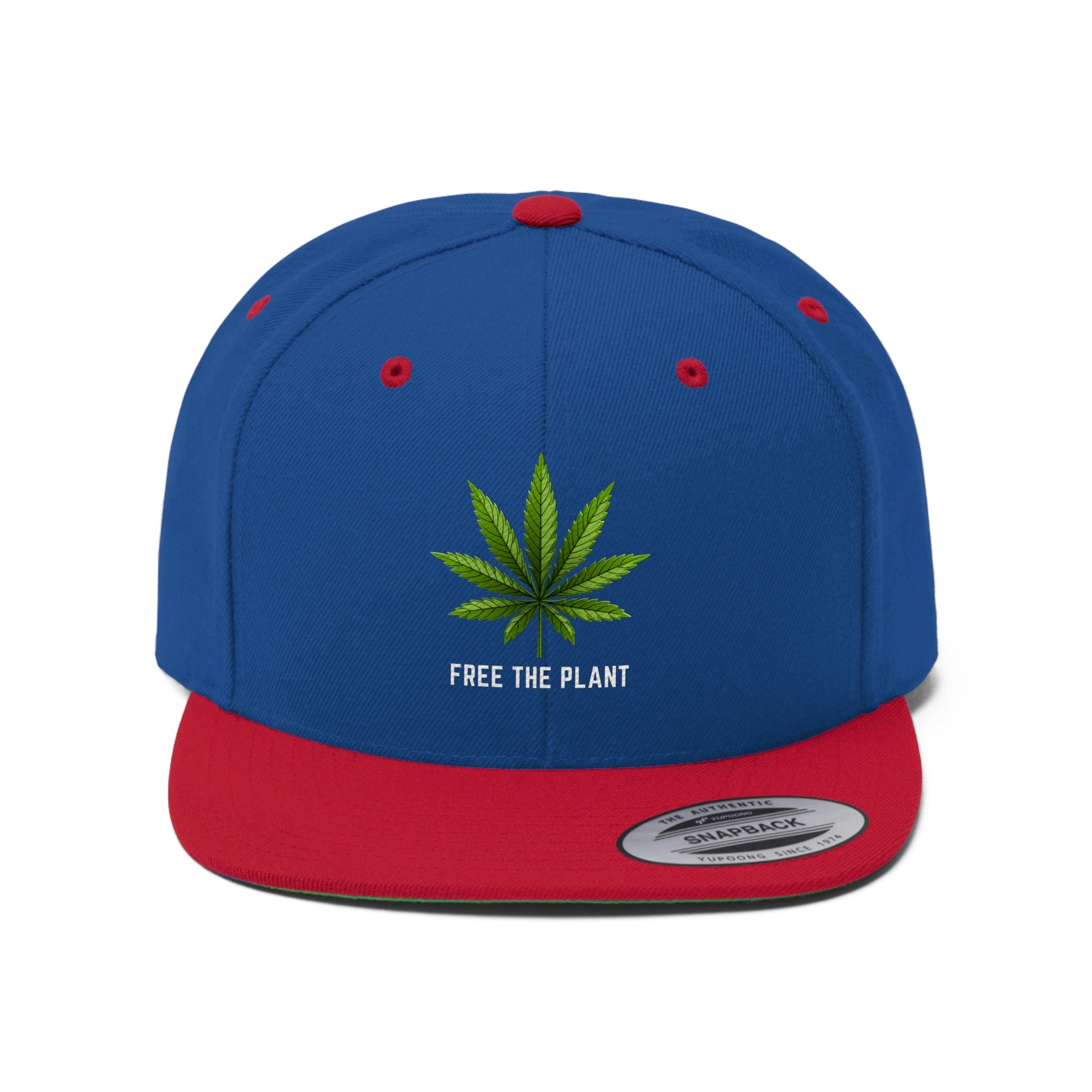Red and blue Free The Plant Marijuana Snapback Hat with green weed leaf