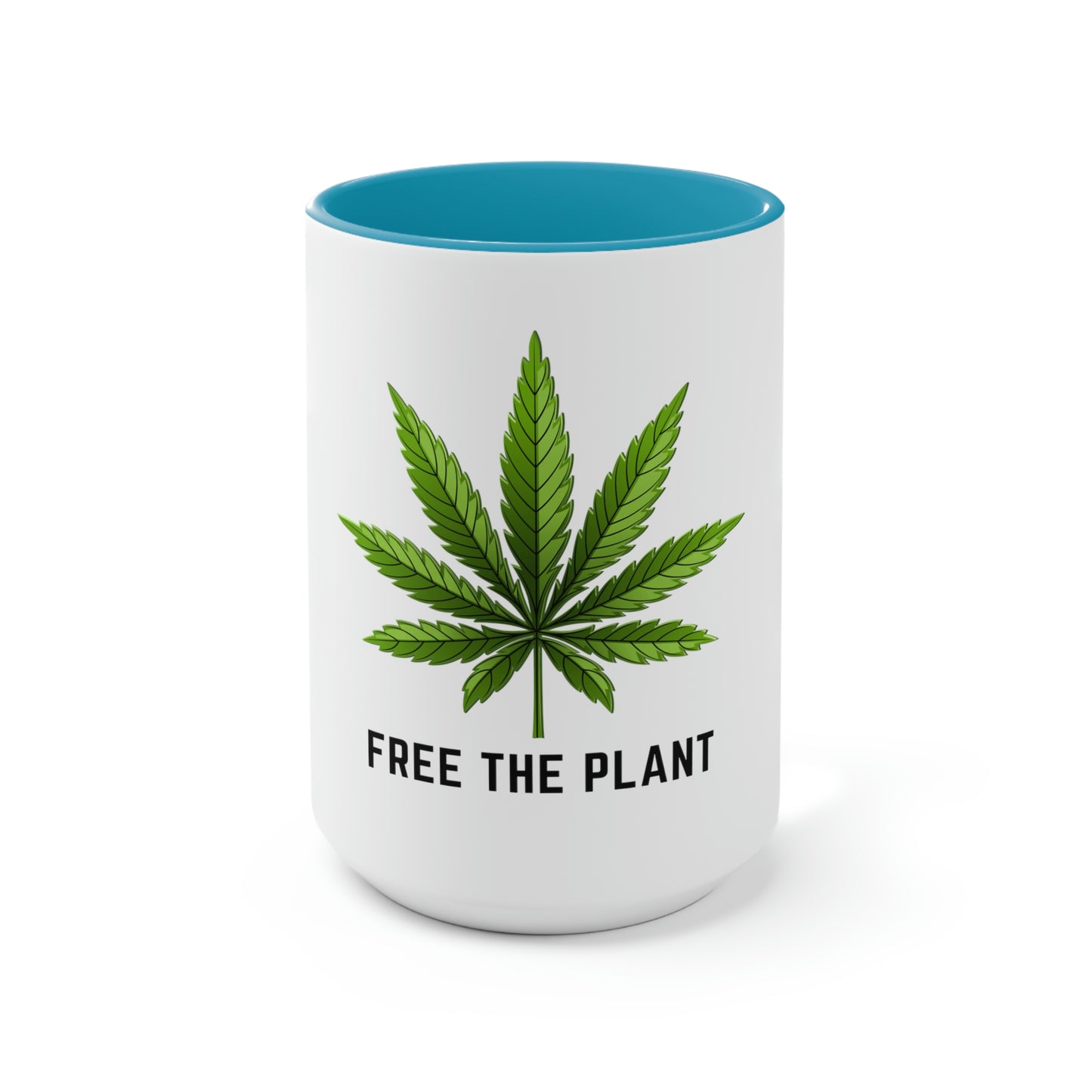 a white and light blue, free the plant marijuana coffee mug